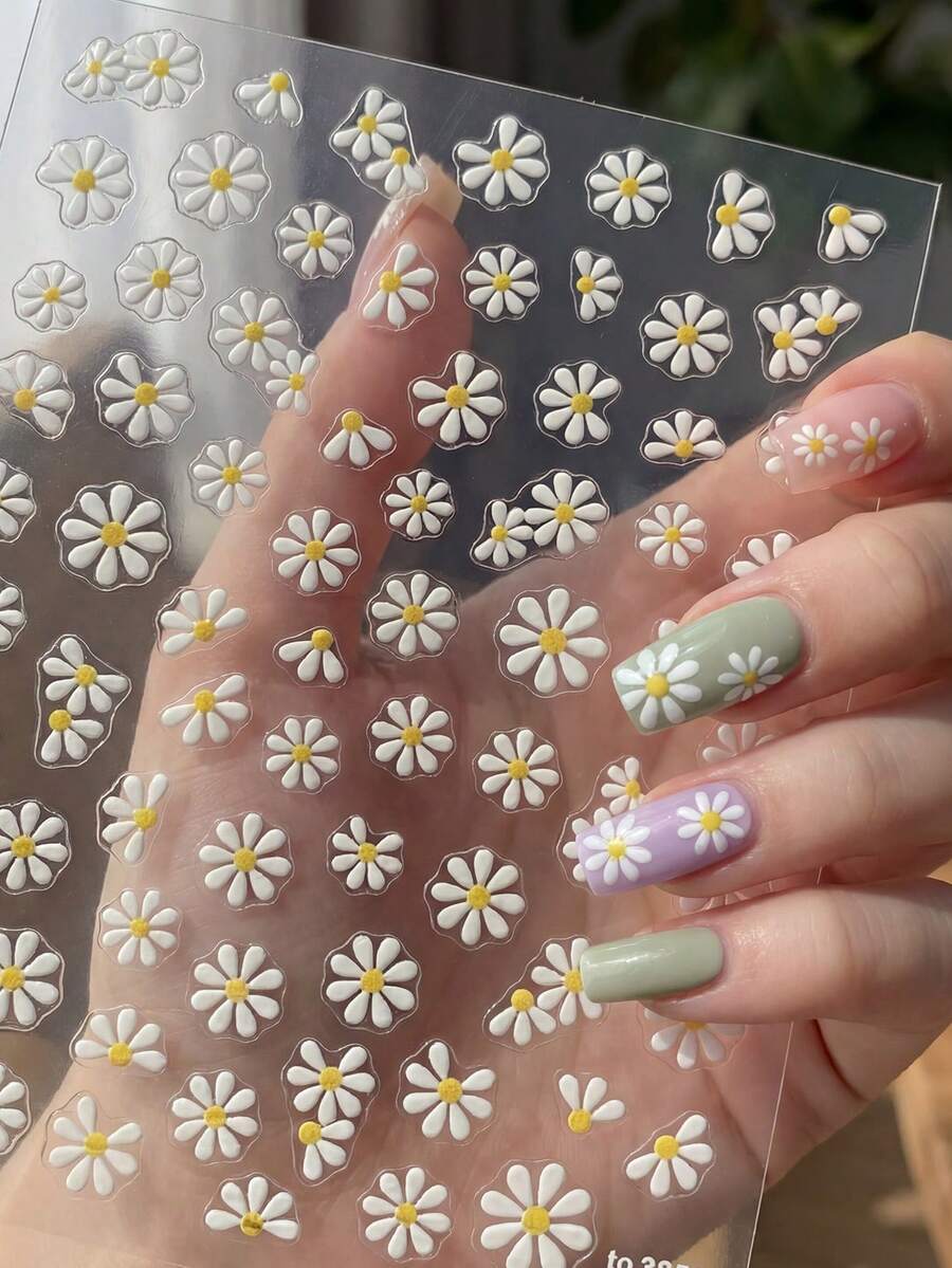 1片白色花朵3D珍珠美甲贴纸，DIY 3D自粘美甲饰品贴花，Y2K风格美甲配件美甲贴纸