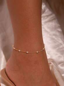 EleRunis 1件 925纯银精致多层锆石珍珠脚链 时尚可调节链条 夏季风格饰品 女士女孩 - 金色 - 查看 5