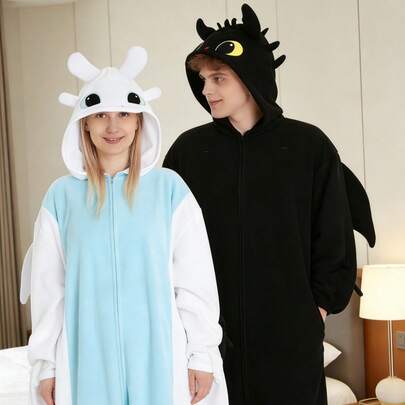 How to Train Your Dragon Pijama unissex do Banguela e da Fúria da Luz para cosplay - Lindo pijama kawaii com capuz de pelúcia, asas e cauda de dragão em pele sintética preta e branca, flanela macia para dormir, festas de Halloween, cosplay, adequado para adolescentes, adultos, homens e mulheres, presente divertido para fãs de anime, Natal, Dia dos Namorados