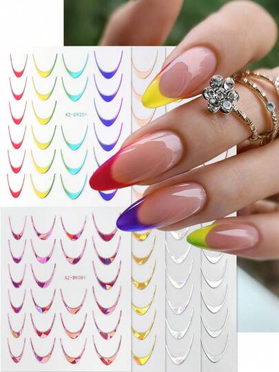 8 feuilles Stickers pour ongles 3D dégradé de couleurs, pointe française, 8 pièces Décalcomanies d'ongles adhésives laser à lignes colorées, designs d'ongles incurvés colorés, guides à rayures ondulées, fournitures pour manucure DIY pour femmes