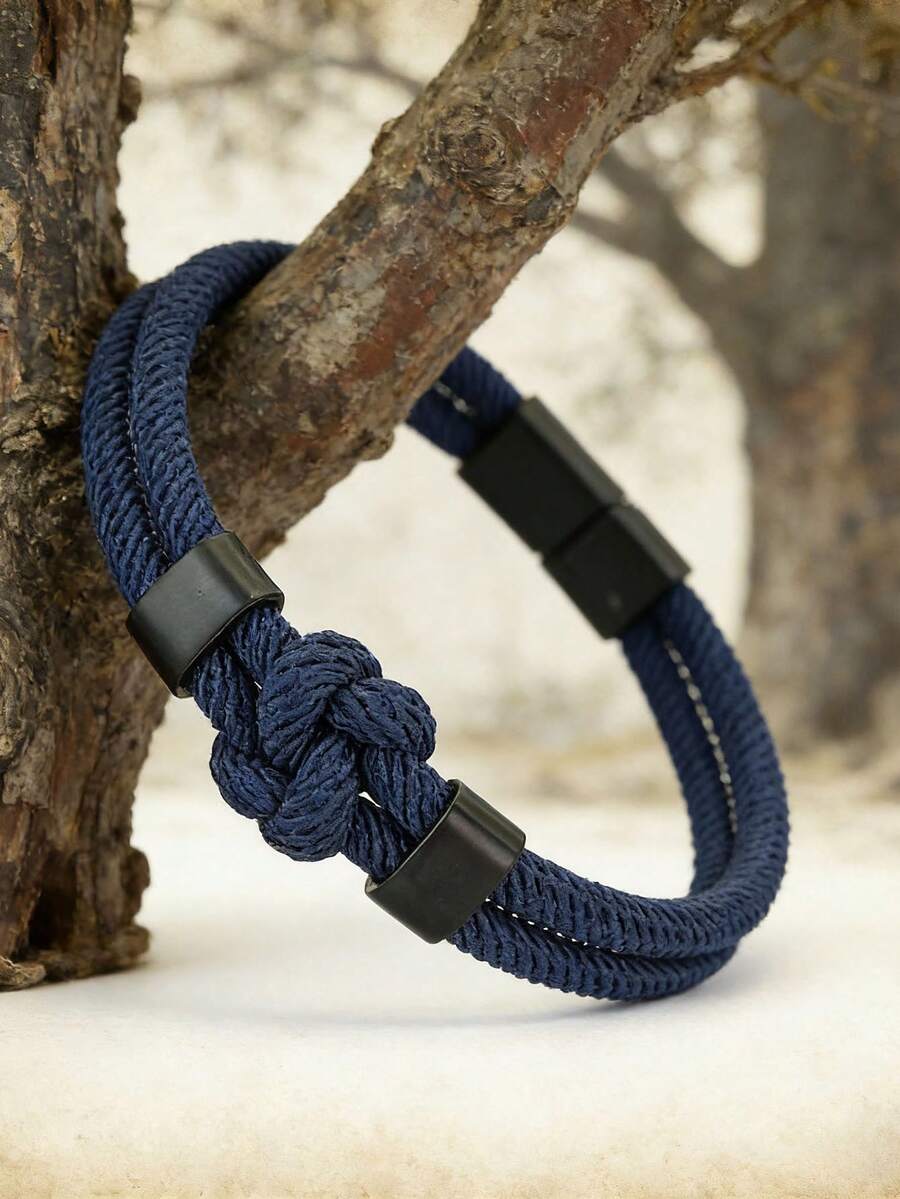 diffone 时尚手工编织4毫米绳花结手链黑色磁性男士臂环手镯手镯饰品 - 男士手繩手鐲 - 查看 1