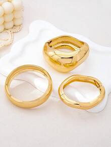 3件套极简几何不对称波浪厚纹理金色手镯套装，适合女性，厚实光滑哑光重金属锌合金材质 - 金黃色 - 查看 4