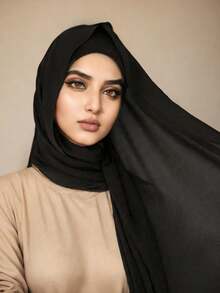 女士围巾帽两件套，多功能内衬头巾帽组合，中东头巾长袍配饰，弹性内衬头巾帽和雪纺围巾休闲套装 - 黑色 - 查看 3