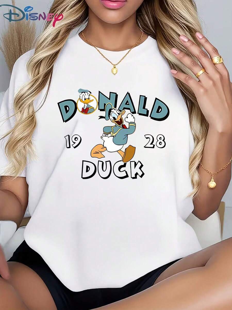 This Women's Casual Cotton Crew Neck Short-Sleeved Donald Duck Print T-Shirt Is Perfect For Casual Wear, Ideal For Taking Photos At Disneyland, As A Travel Souvenir, For Everyday Casual Wear, Or For Matching With Family. It Also Makes An Ideal Valentine's Day Gift For Friends And Family. A New Spring Style, This Women's Clothing Is Comfortable And Skin-Friendly, Suitable For Outdoor Wear. - White - View 1