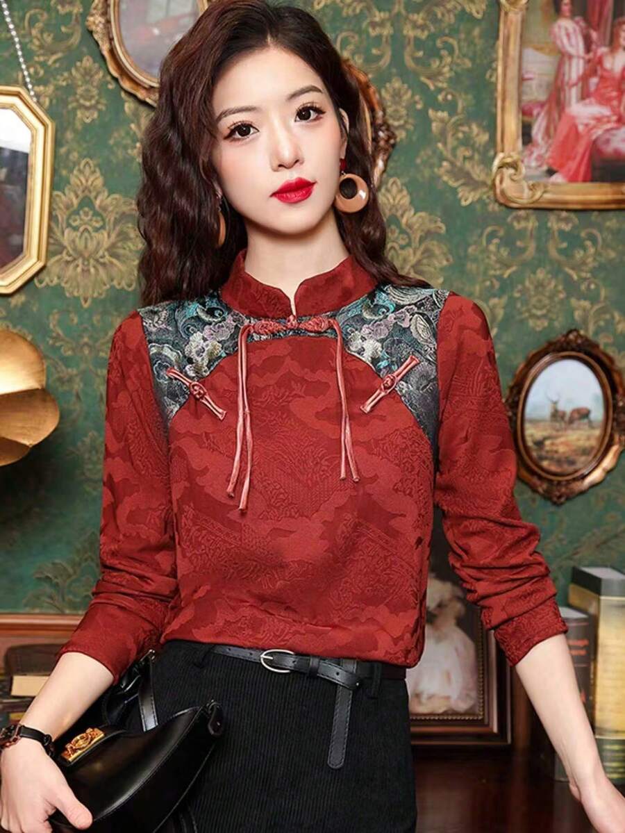 新款中国风提花拼接衬衫，立领龙骨长袖上衣，女士复古衬衫，春季款 - 紅色 - 查看 1