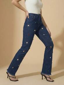 pthirillo Women's Dark Blue Flare Jeans With Butt-Lifting, High Waist, And Rhinestone Detail - Premium Rhinestone Jeans - 彩色水鑽 - 查看 9