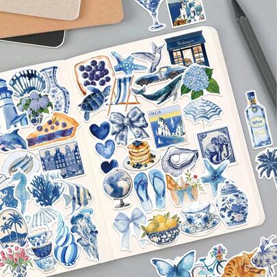 50pcs Blue Cartoon Sticker Set, Decorative For Scrapbooking, Diary, Planner, Luggage, Tablet, Guitar, Skateboard, Holiday Doodle Stickers, Self-Adhesive Sealing Sticker Scrapbook Supplies Stationery Funny Stickers Kindle