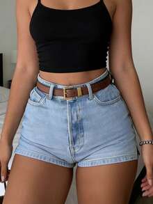 新款女士休闲直筒牛仔短裤，纽扣细节，脚踝开衩，中等弹力，浅蓝色水洗 - 淺色水洗藍 - 查看 7