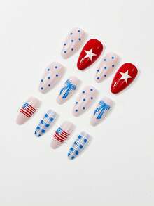 Immediately Enhance Your Makeup Effect. Just Put On 24 Almond-Shaped Nail Stickers On Your Nails To Create A Simple Red And Blue Star Bow, Polka Dot, Grid-Style Fake Nails, Full Coverage Fake Nails, Independence Day Nail Set. Suitable For Women And Girls! - Multicolor - View 4