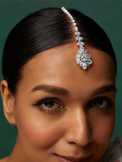 1 pieza Cadena de frente con cristal en tono plateado vintage, accesorio de cabello de lujo y tradicional para mujeres