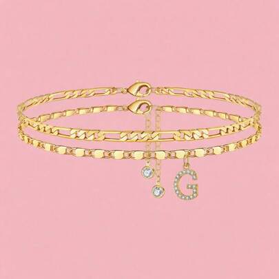 Ursteel Ankle Bracelets For Women, 18K-Gold-Plated Dainty Layered Chain CZ Initial Anklets Set Summer Jewelry Gifts For Women