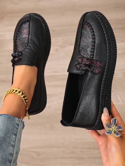 Women's Flat Slip-On Shoes, Spring/Autumn, Random Printed Comfortable Low-Cut Solid Color Embroidered Vamp, Minimalist Fashionable Casual Outdoor Shoes