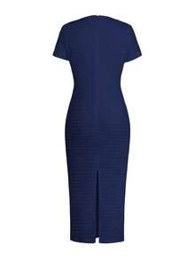 Unadoll Women's Spring Short Sleeve Round Neck Zip Front Dress, Decorated With Buttons, Back Slit Design, Elegant And Charming, Suitable For Dates, Commuting, Weddings, Valentine's Day, Birthdays And Formal Occasions Summer - Navy Blue - View 5