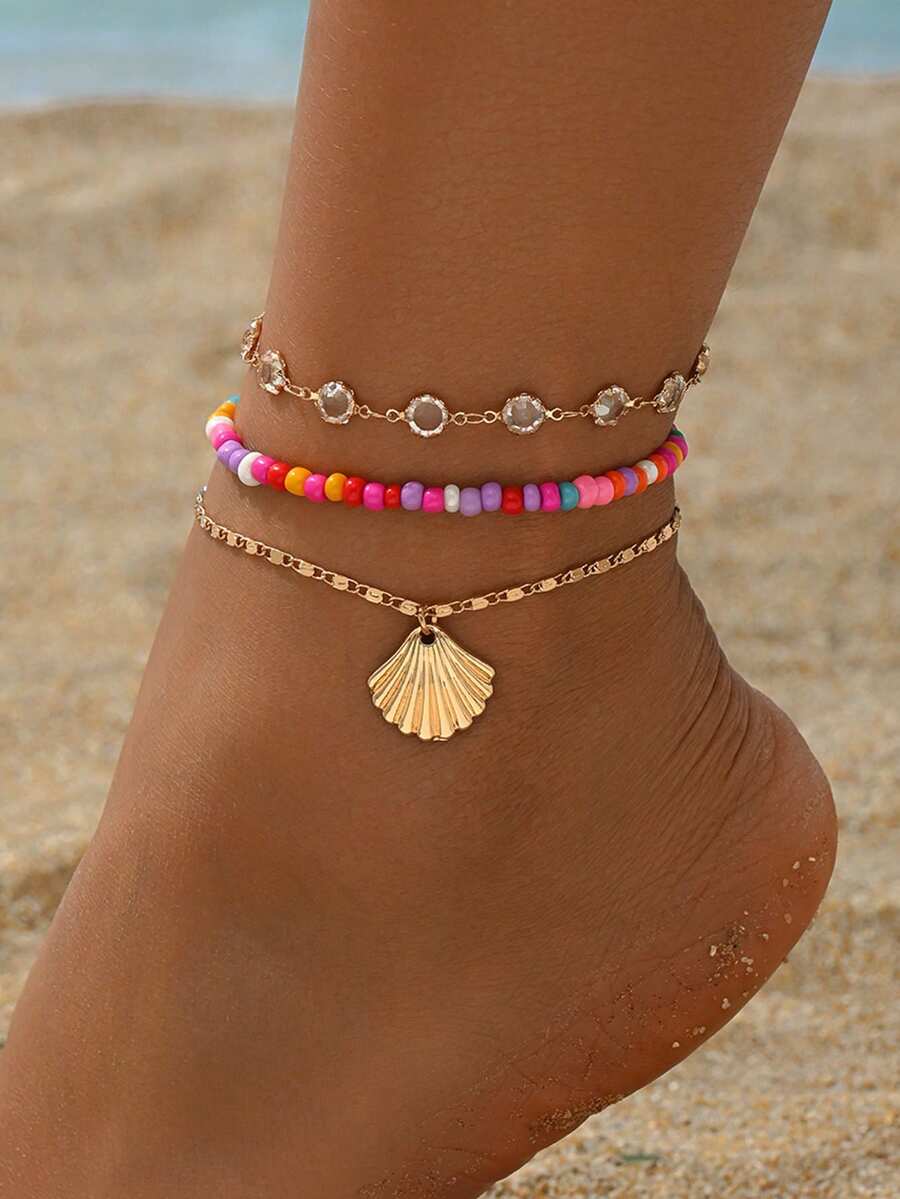 Set de 3 piezas con cuentas de cristal transparente de moda, colgante de concha metálica, cuentas de colores multicapa para tobillera, adecuado para uso diario, fiesta, playa y vacaciones. Longitud de la cadena hecha a mano personalizable, arreglo aleatorio de colores de cuentas. - Multicolor - Ver 1