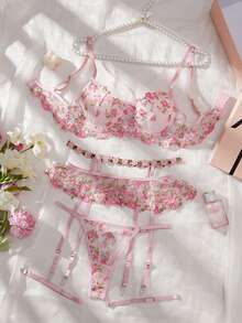 Date Night Sheer Mesh 4 Piece Bra & Garter Set - Pink - View 3