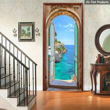 1/2片装海滨风景即撕即贴壁画，海景门贴，白色建筑门贴装饰，拱形窗门贴，绿松石海门贴，蓝天家居装饰贴，适用于卧室、客厅、办公室门装饰，2D平面 - 款式1 - 查看 3