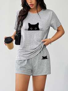 女士休闲T恤，简约图案设计，修身剪裁，短袖上衣 - 淺灰色 - 查看 6