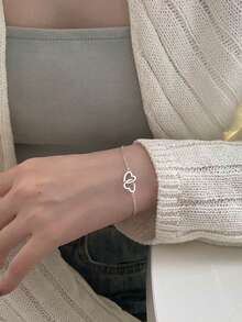 1pc Minimalist Double-Circle Heart Bracelet, Friendship Bracelet Suitable For Daily Wear - Antique Silver - View 4