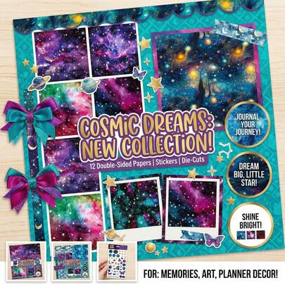 12 ورقة من كتيب أوراق الحرف اليدوية بنمط المجرة - 6 بوصة * 6 بوصة ورق حرفي زخرفي مع نمط السديم والنجوم والكوني المتلألئ | ورق ذو وجهين مزخرف لتصميم الألبومات والبطاقات والحرف اليدوية والديكور الفضائي