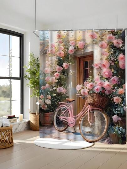 Bộ 4 món rèm tắm chống thấm nước in hình nhà tranh lãng mạn, bao gồm rèm tắm, 12 móc treo, thảm chống trượt, thảm hình chữ U và nắp bồn cầu tròn, chất liệu polyester dày dặn, giúp giải quyết vấn đề đọng nước trong phòng tắm.