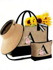 3件套女士沙滩手提包，配有肩带、沙滩帽和化妆包；个性化字母A-Z沙滩配件包，带侧袋；沙滩包配围巾；女士卡其色波浪形沙滩遮阳帽 - 彩色 - 查看 12