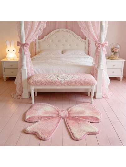 韩式ins风客厅地毯，粉色蝴蝶结卧室装饰地毯，不对称造型梳妆台地毯，可爱简约浴室阳台可水洗垫，蓬松衣橱地毯