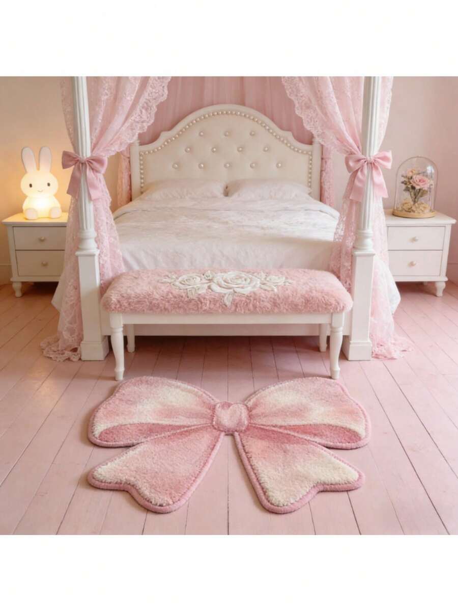 Korean Ins-Style Living Room Carpet, Pink Bow Bedroom Decor Rug, Asymmetrical Shape Dressing Table Carpet, Cute Minimalist Bathroom Balcony Washable Mat, Fluffy Closet Rug - A-744-f - View 1