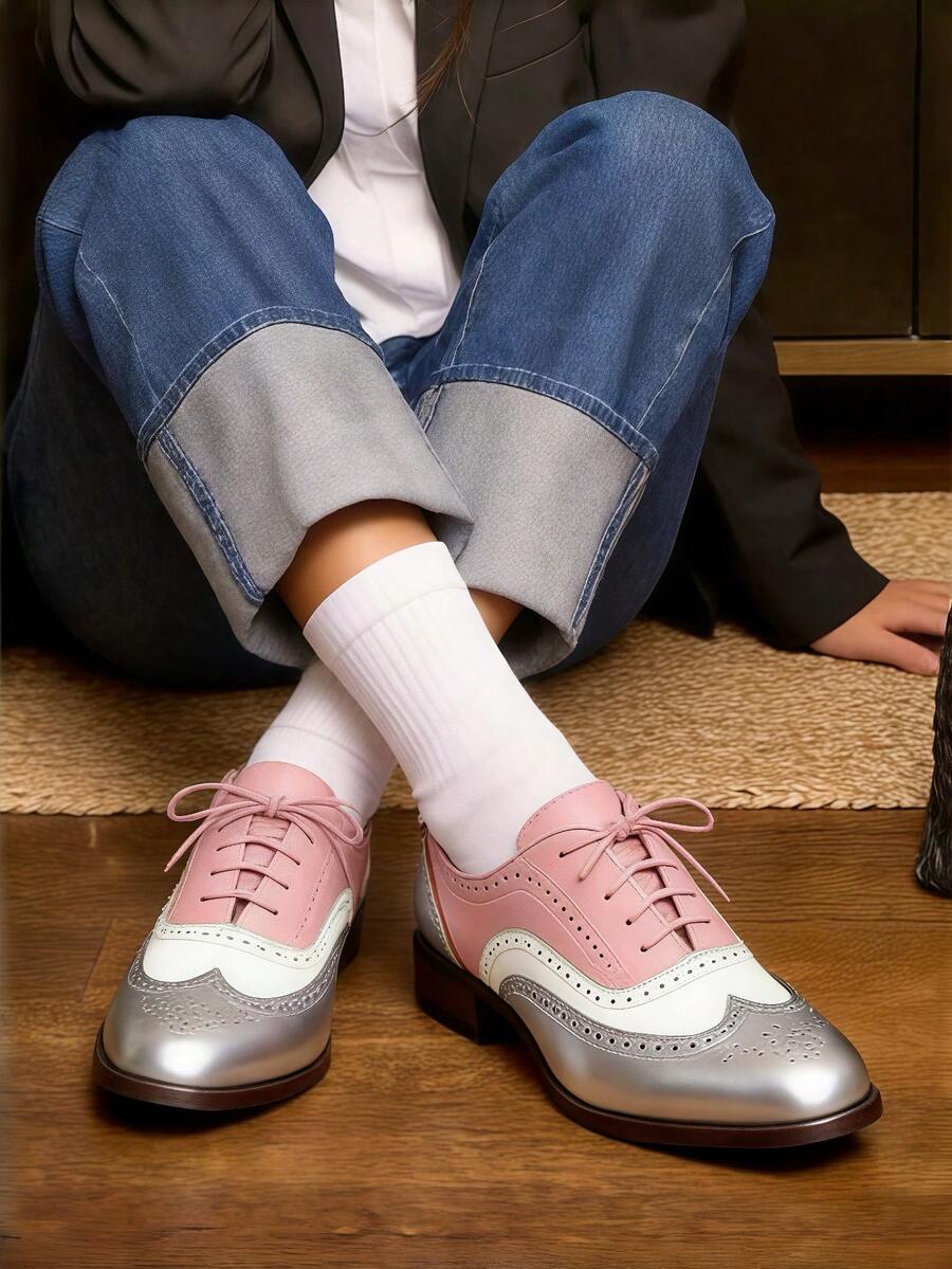 Comfortable Womens Classic Oxfords Lace Up Chunky Heel Oxfords Business Formal Wingtip Brogue Dress Shoes For Women - Hồng - Xem 1
