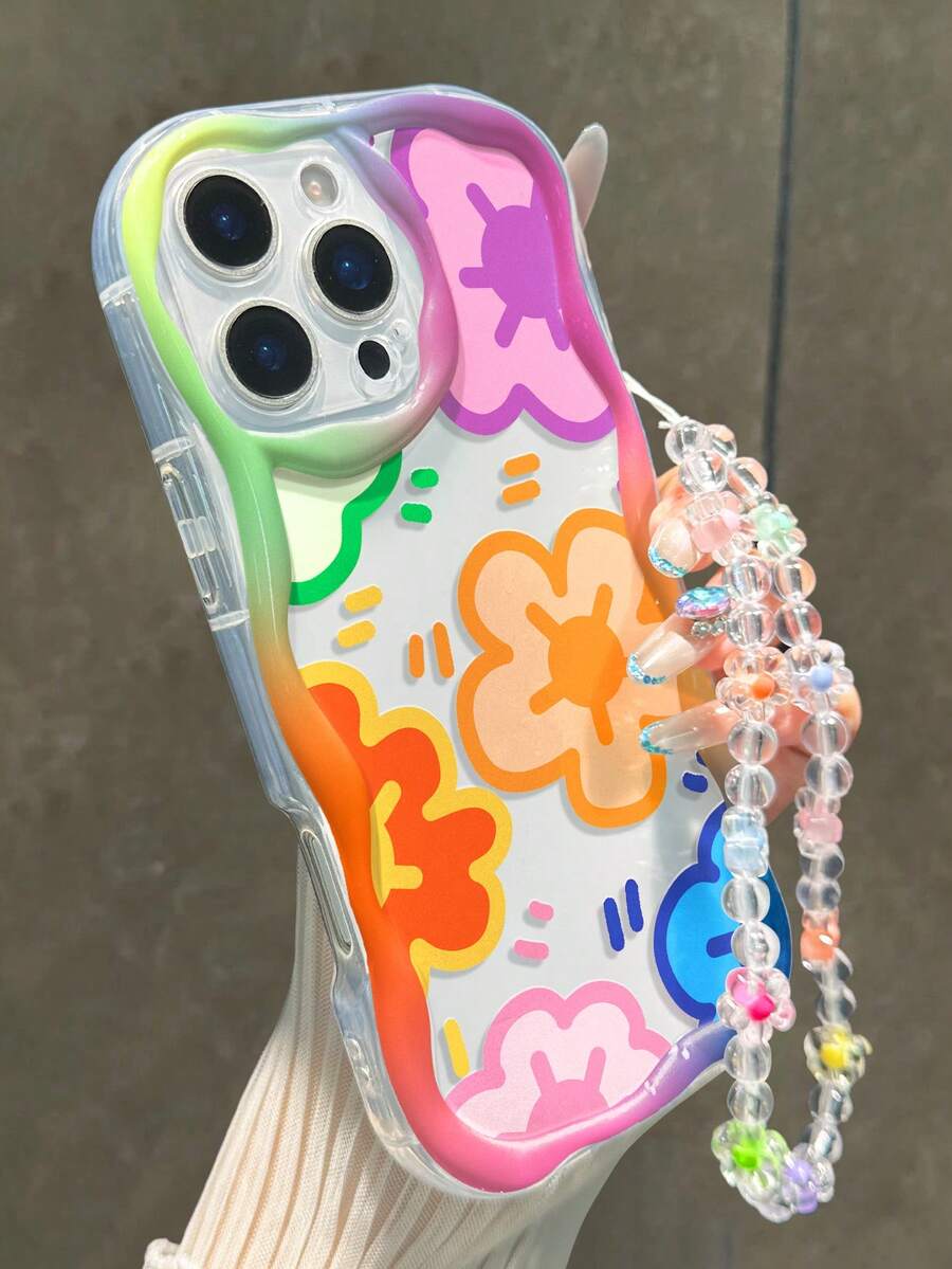 花朵图案彩色印花奶油色波浪边手链式防震加厚手机壳，兼容 17/17Pro/17ProMax、16 XR/7/8、15 ProMax、12 ProMax、13 ProMax、14 ProMax、13、14、11、12P、14、P11、P12、XS、XR、7/8P、7/8GES2、A13 4G、A22、A21S、A51 4G、A52、S22 Ultra、A33 5G、A34、A35、10、Note 11 4G、11 Lite、A53、A14、A23、S23 Ultra、S24、A14、A15、S23、A73、A55、A54等机型。