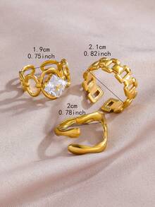 3pcs Stainless Steel Minimalist Geometric Interlocking Open Ring Set, Inlaid Cubic Zirconia, Suitable For Women's Daily And Party/Wedding Wear - Gold - View 3