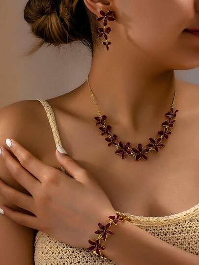 Set de 4 piezas con brazalete, aretes y collar con flores rojas festivas - Set elegante y exclusivo de alta gama con collar de cadena y brazalete floral de estilo elegante para resort