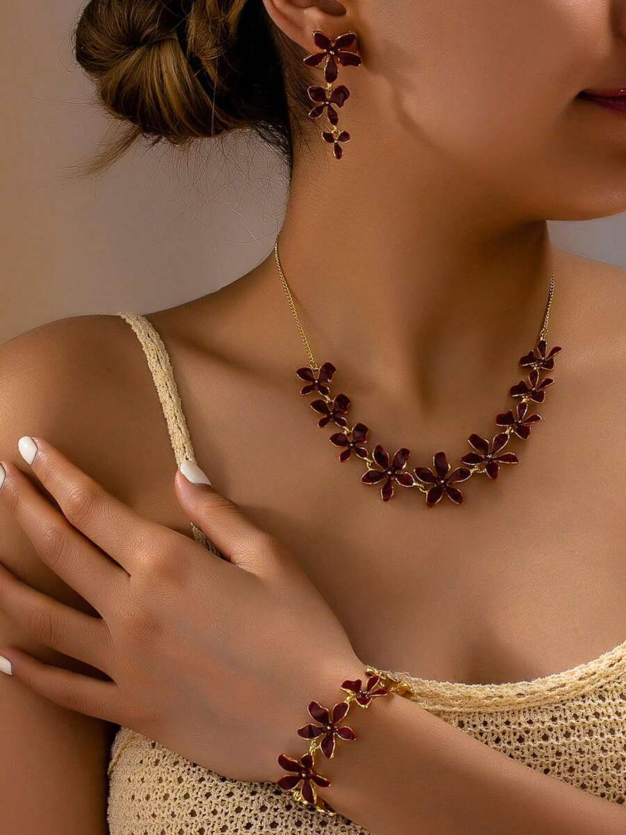 4pcs/Set Wine Red Festive Floral Bracelet, Earrings, Necklace Set, Fashionable Exquisite High-End Unique Elegant Set, Chain Necklace, Elegant Resort Style Floral Bracelet - Burgundy - View 1
