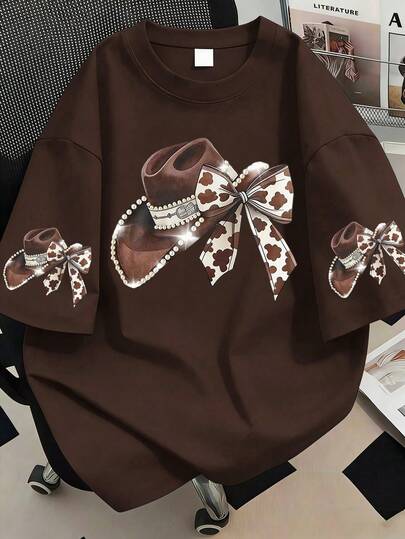 Plus Size Women's Casual Rose Pearl Western Print Round Neck T-Shirt, Short Sleeve. Suitable For Summer Vacation, Beach, Holiday, Spring, Valentine's Day, Carnival Outfit