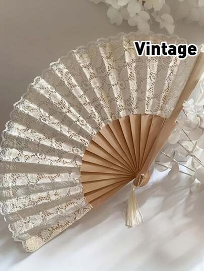 Vintage Spanish Wedding Fan - Elegant Floral Lace Decor, Natural Wooden Folding Hand Fan For Bridal Party, Wedding Decor - Graceful Tabletop Centerpiece Or Wedding Favor - Durable & Lightweight, Bridal Party Accessory, Exquisite Craftsmanship