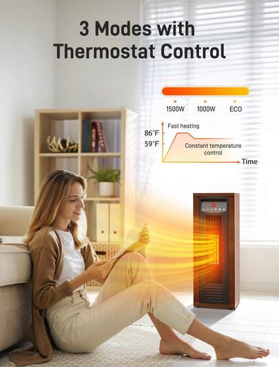 Air Choice Infrared Space Heater, 1500W Electric Portable Heater With Remote Control And Thermostat, Fast & Quiet Heating Tower Room Heater For Indoor Use, Bedroom, Office, Home, Chestnut