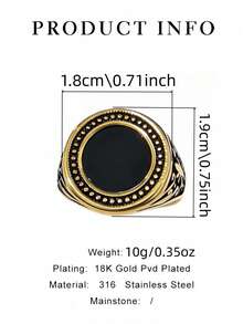 1PC Round Polka Dot Pattern Vintage Casual Minimalist Men's Ring, 316 Stainless Steel Material, 18K Gold Plated Inside And Outside, Durable Waterproof Non-Fading Hypoallergenic, Suitable For Daily Casual, Travel And Vacation Wear Men's Ring - Black Round Stone-set Men's Ring - View 2