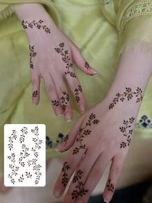 1片防汗持久多枝叶海娜纹身贴纸，防水，逼真曼海蒂风格，手绘，适用于婚礼/派对/日常佩戴 - 卡其色 - 查看 1