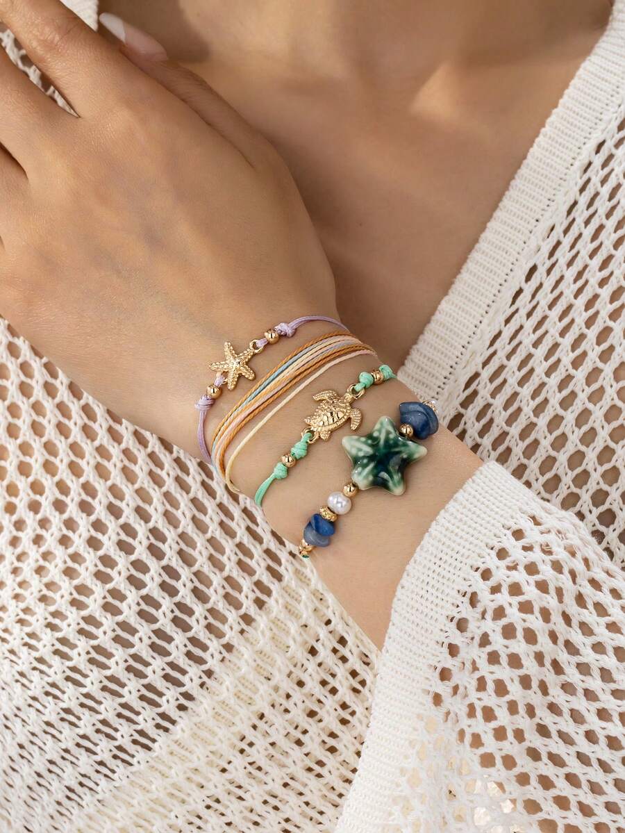 4pcs/Set Handmade Woven Rope Bracelet Set, Ocean Theme Sea Turtle & Star Bead Decor Bracelets, Bohemian Style Accessories Gift For Summer Vacation - Multicolor - View 1