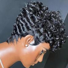 Hort Pixie Wigs 全机织短款黑色卷发精灵假发 真人发假发 女士自然波浪黑色精灵短发假发 - 彩色 - 查看 6