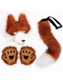3pcs/Set Fox Cosplay Mask, Plush Animal Gloves And Tail, Party Stage Costume Props For Halloween - Set - View 3