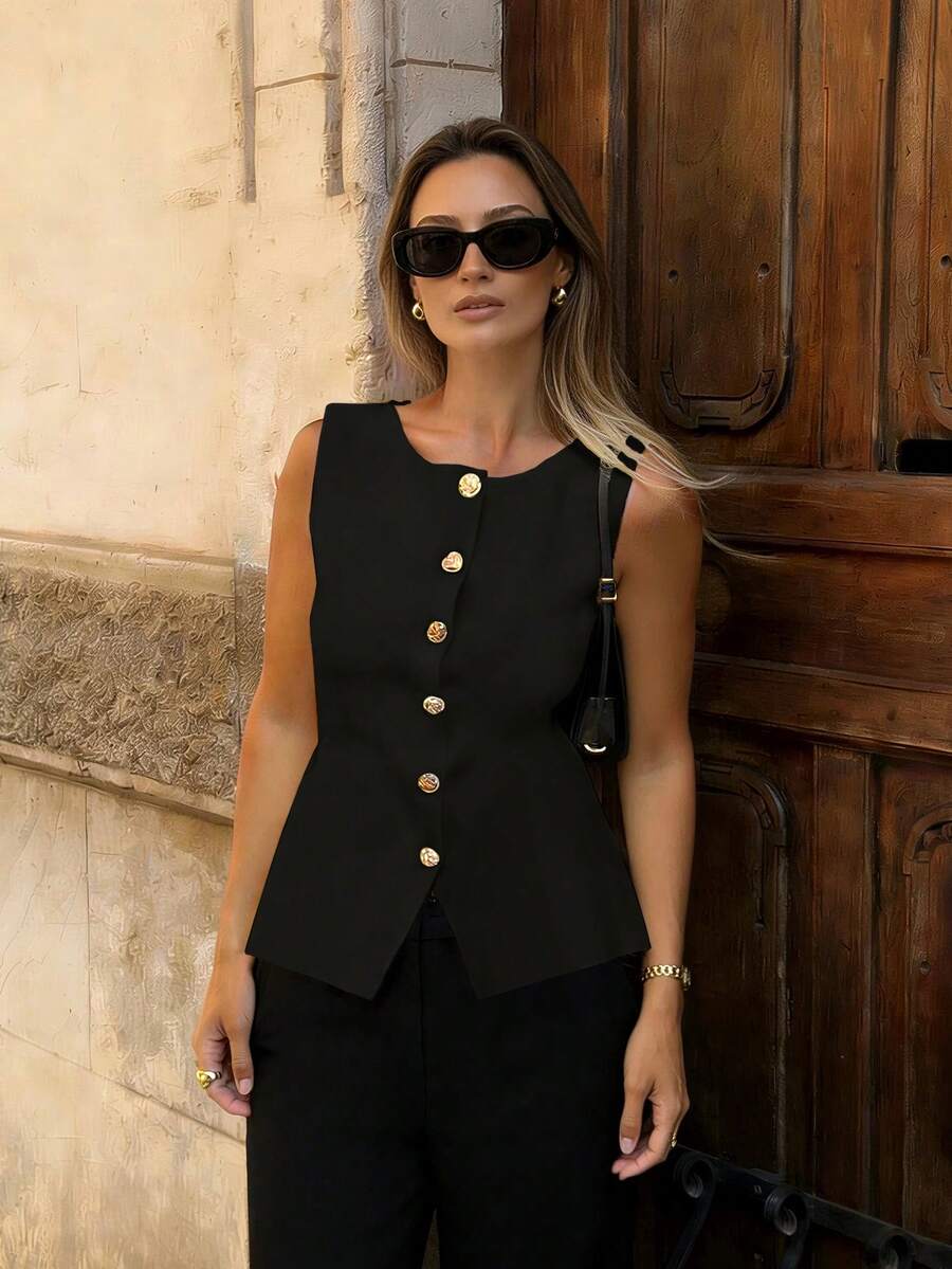 Chaqueta/chaleco de negocios de unicolor opaco sin mangas con cuello redondo y botones metálicos de estilo retro elegante, chaleco de punto ajustado casual de verano para mujer en color negro - Negro - Ver 1
