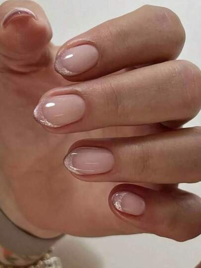 Y2K 30pcs Pink Glitter French Manicure Short Almond Shaped Fake Nails, Sweet Style Nail Tips Suitable For Any Occasion