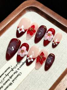 Guantes protectores hechos a mano, uñas postizas adhesivas, flores pintadas a mano, patrones de flor de durazno y flor de cerezo en 3D. Calidad de alta gama, regalo ideal para niñas, reutilizable. - Multicolor - Ver 5