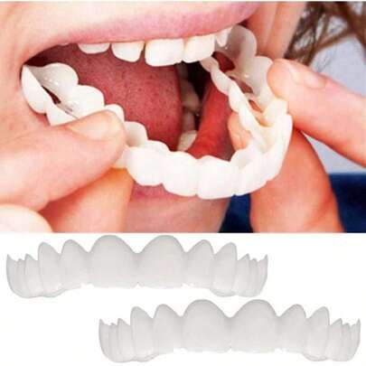 Realistic Denture (With Dental Gel) - Upper And Lower Teeth Whitening Set; Decorative Fake Teeth; Comfortable And Flexible, Suitable For Both Men And Women; Eating Aid For Elderly, Covers Broken Teeth/Gaps/Cavities