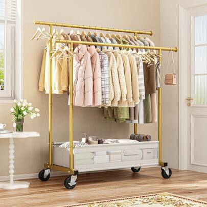 Heavy Duty Rolling Clothes Rack With Double Rods And Storage Basket - Perfect For Bedroom Laundry Room Or Apartment, Gold