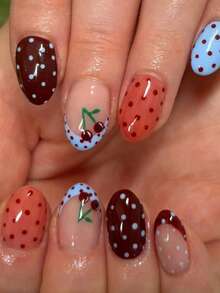 24片白色和红色短椭圆法式美甲贴纸，带有波点和樱桃图案，粉色少女风，完美适配亚克力假指甲，包含1瓶果冻胶和1个指甲锉，适合日常或派对使用 - 彩色 - 查看 1