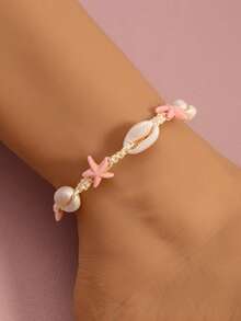 1pc Fashionable & Cute Starfish & Shell Design Anklet, Suitable For Beach Wear And Daily Wear - Pink - View 5