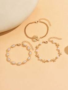 3pcs/Set Ocean Vacation Style Handmade Faux Pearl Metal Starfish Shell Seashell Marine Life Jewelry Set, Suitable For Daily Wear, Casual, Beach Travel - Multicolor - View 2