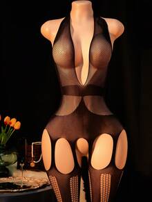 1pc Women's Sexy Mesh Bodystocking, Spaghetti Strap Backless Deep V Open Crotch Jumpsuit, Hollow Out Sheer, Sexy Party Costume, Valentine's Day Lingerie - Black - View 1
