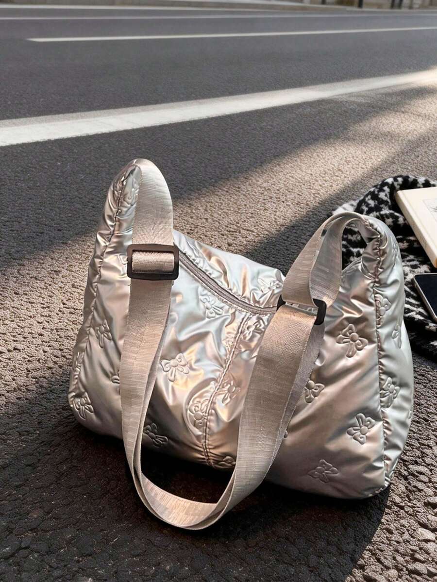 Bolso bandolera de mujer con patrón de rombos metálicos - Diseño de burbujas con relieve de mariposa, correa ajustable - Multicolor - Ver 1